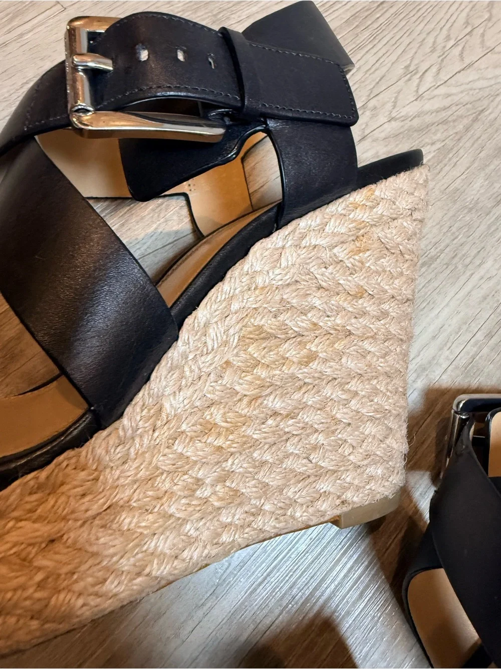Michael Kors Black Leather Espadrille Platform Wedge Sandals Buckle 6.5